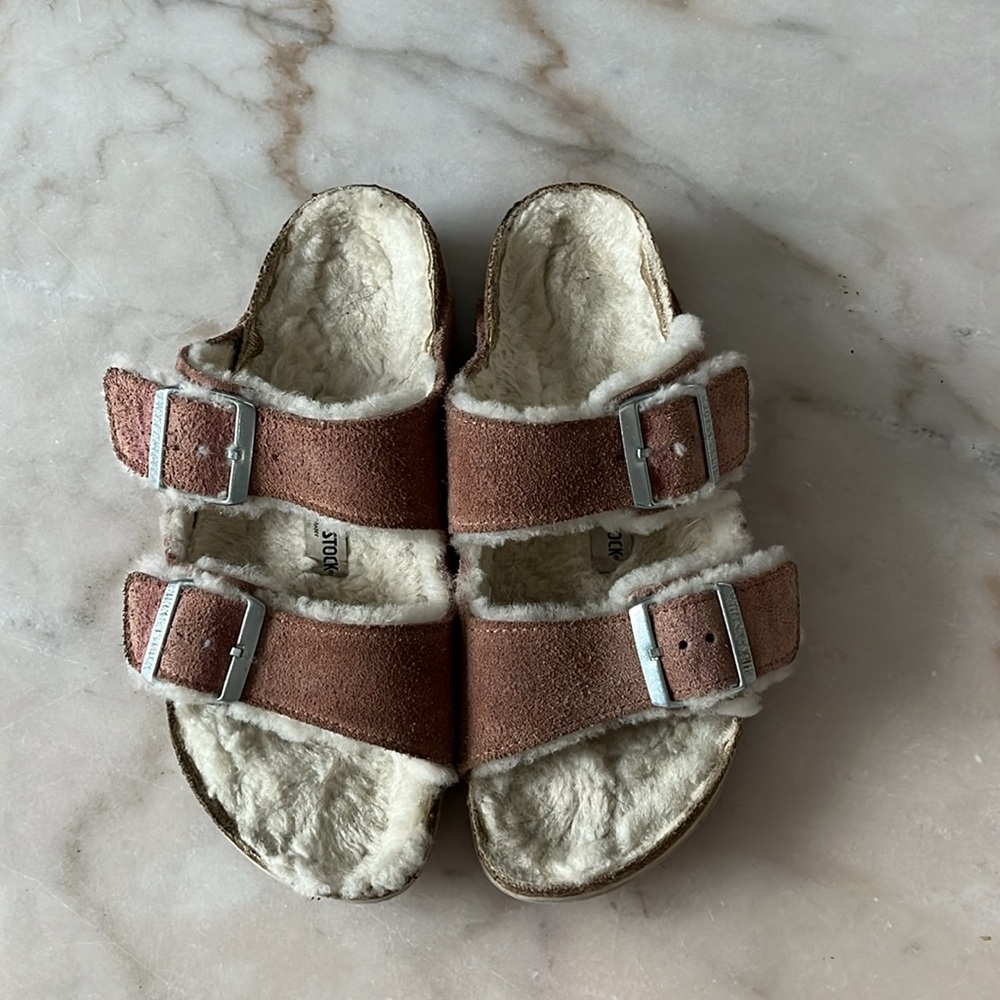 Birkenstock Arizona Shearling Suede Leather Pink Clay Double Strap Sandals 7US - Picture 3 of 17